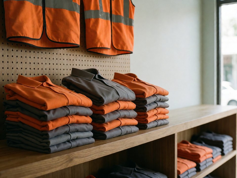Folded orange and slate workwear stacked on shelves in the Ausai shop