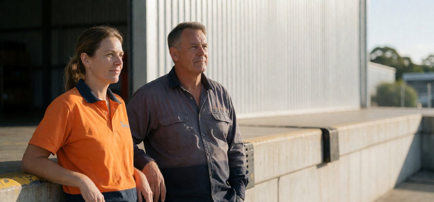 Workers in hi-vis polo shirts outside a Brisbane workshop